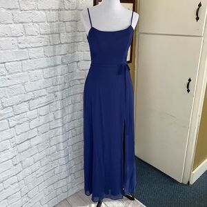 Mori Lee women 6 spaghetti strap fit & flare maxi dress w/side slit & tie belt